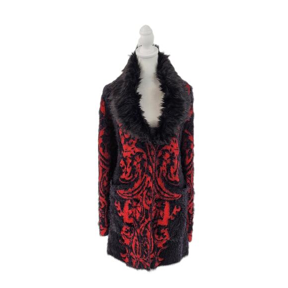 Black Rivet Womens Red Black Faux Fur Trim Long Sleeve Cardigan Sweater Size L - Picture 2 of 9